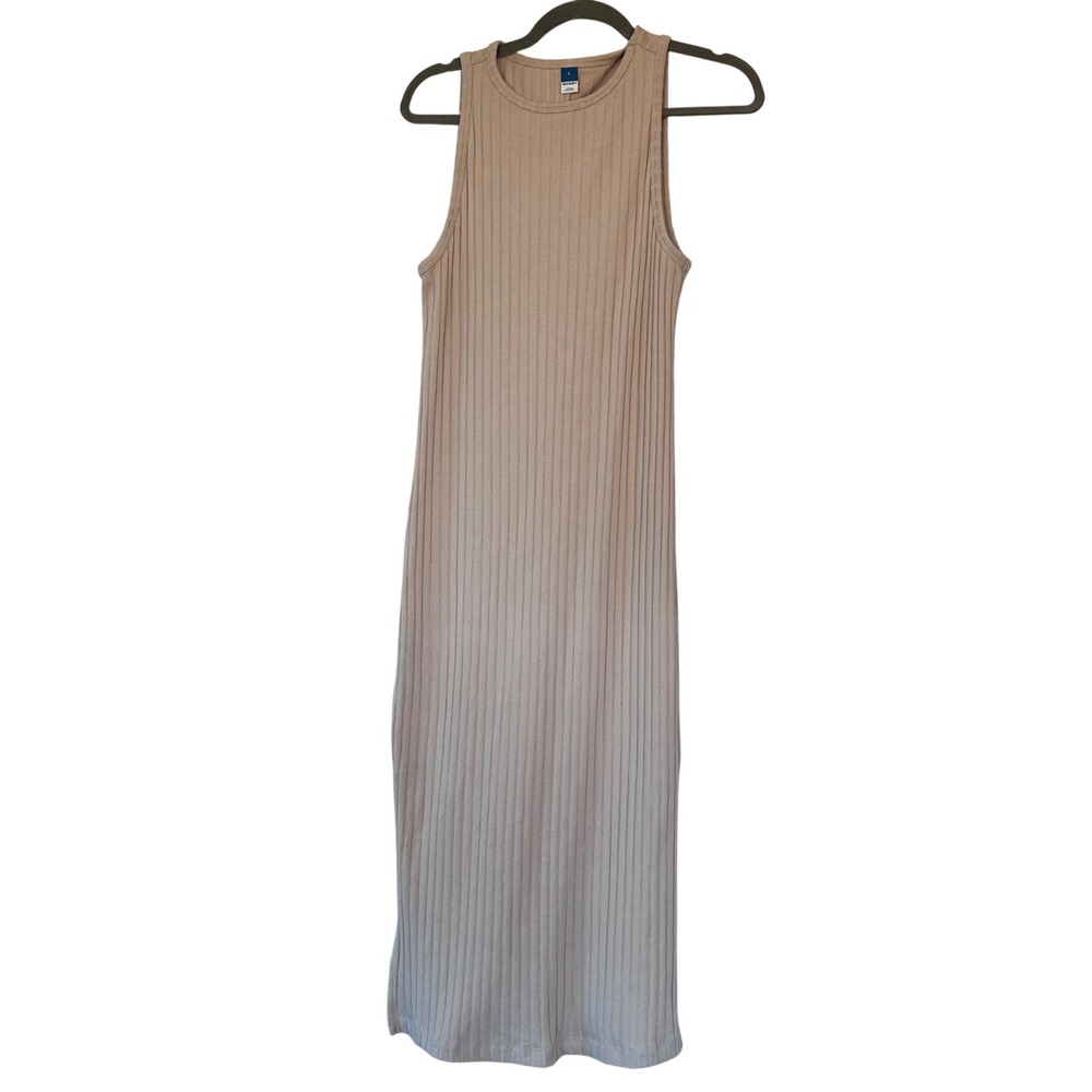 Old Navy Womens Large Beige Ribbed Knit Sleeveless Side Slit Midi Tank Dress